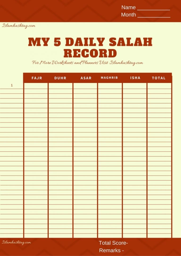 Salah Tracker Calender- Free Printable