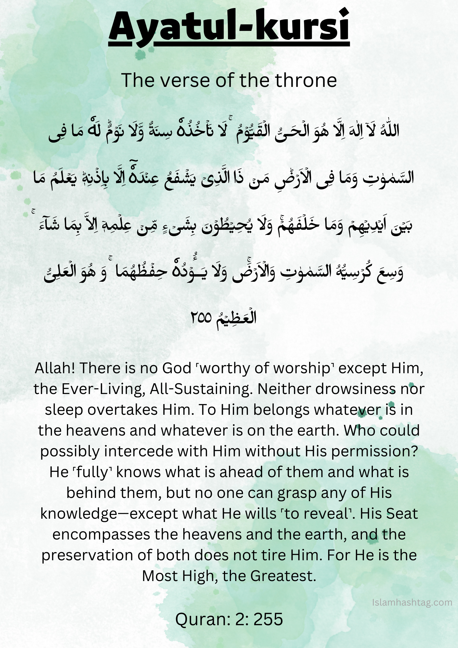 Ayatul Kursi In English And Arabic Poster 5 Hadith On Virtue Of Ayatul 