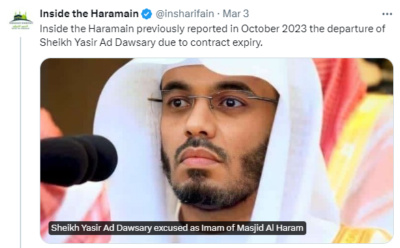 General Presidency for the Religious Affairs for the first time acknowledges seven permanent Imams of Masjid Al Haram, confirming the departure of Sheikh Yasir Ad Dawsary.
