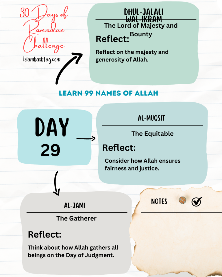Day 29 – Reflecting on Allah’s Names: Dhul-Jalali wal-Ikram, Al-Muqsit, Al-Jami’